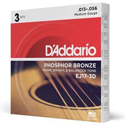 D'Addario 13-56 Medium, Phosphor Bronze Acoustic Guitar Strings 3-Pack
