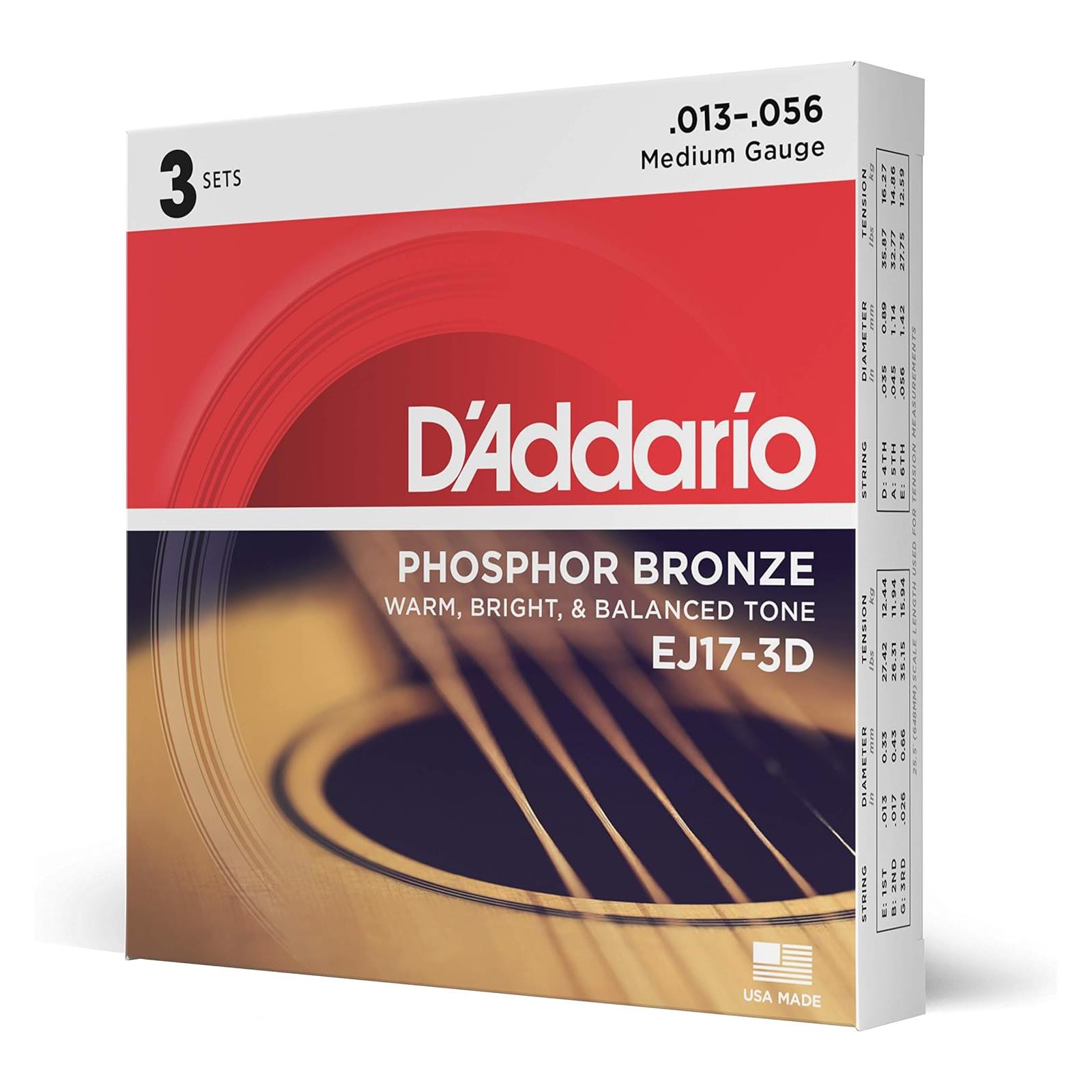 D'Addario 13-56 Medium, Phosphor Bronze Acoustic Guitar Strings 3-Pack