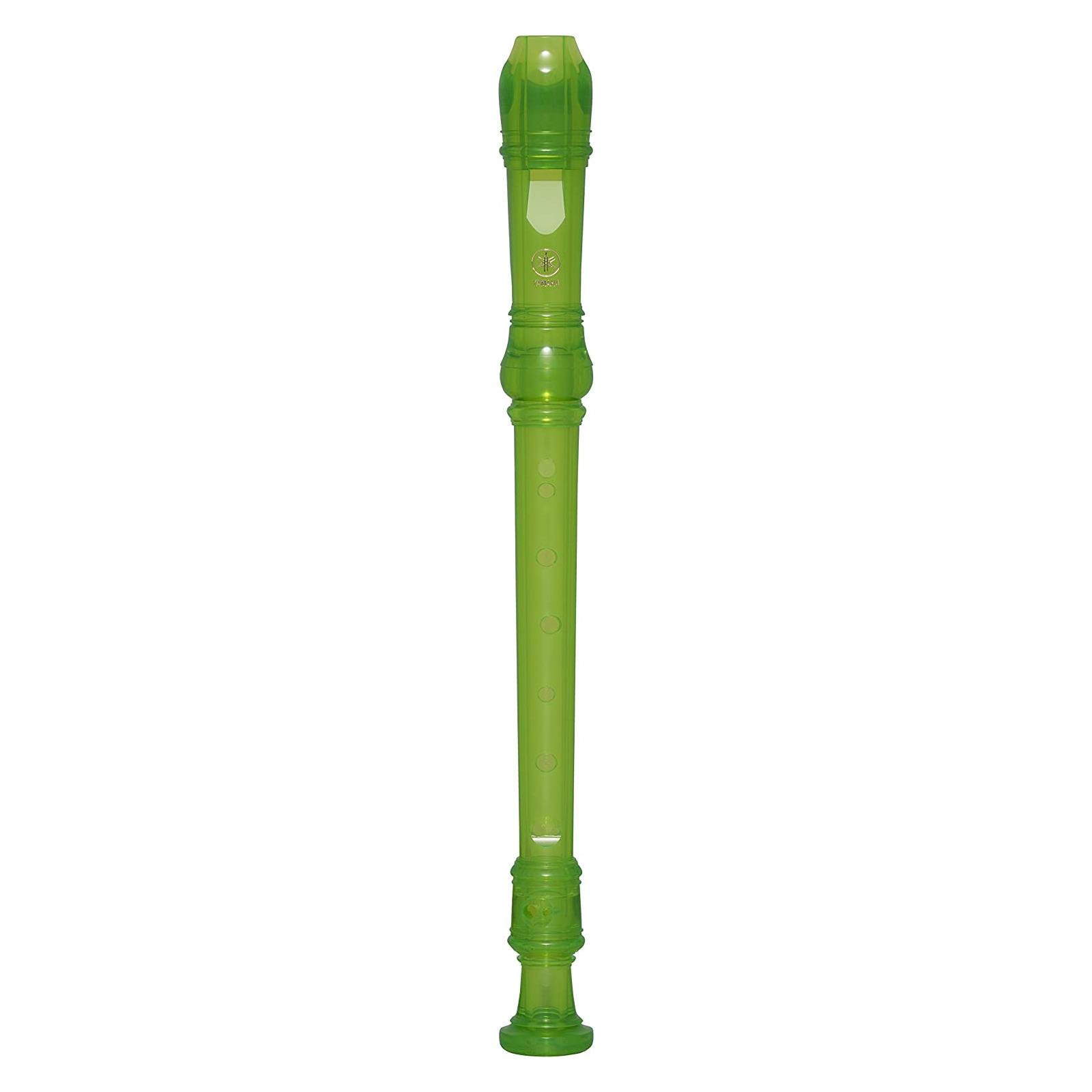 Yamaha Soprano Recorder; key of C; Baroque fingering; double holes: C-C#; D-D#; three-piece construction; translucent green