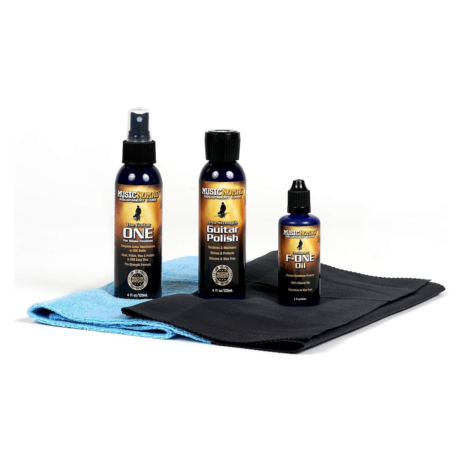 Music Nomad Premium Guitar Care System (5 Pak) - Guitar ONE(4 oz.), F-ONE(2 oz.), Guitar Polish(4 oz.), 2 Microfiber Cloths