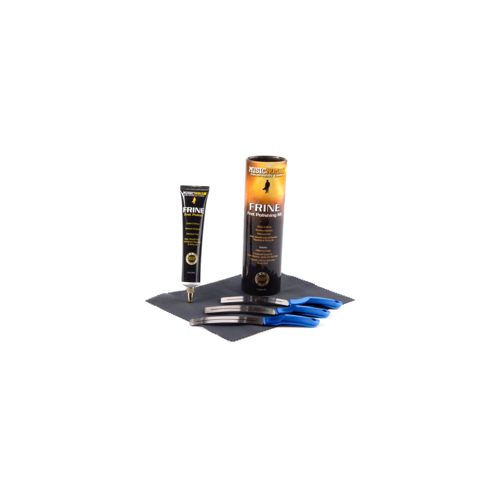 Music Nomad FRINE Fret Polishing Kit - FRINE Fret Polish, 3 Fretboard Guards, 8"x6" Cloth